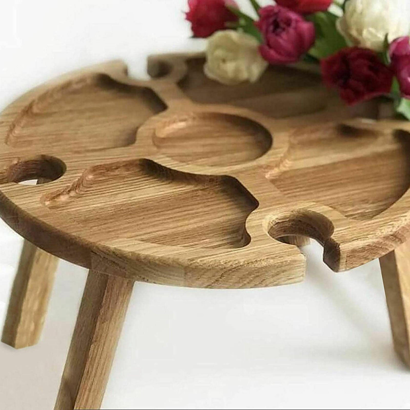 Wooden Picnic Table Wine Glass Rack for Hiking Camping Garden Round Desktop