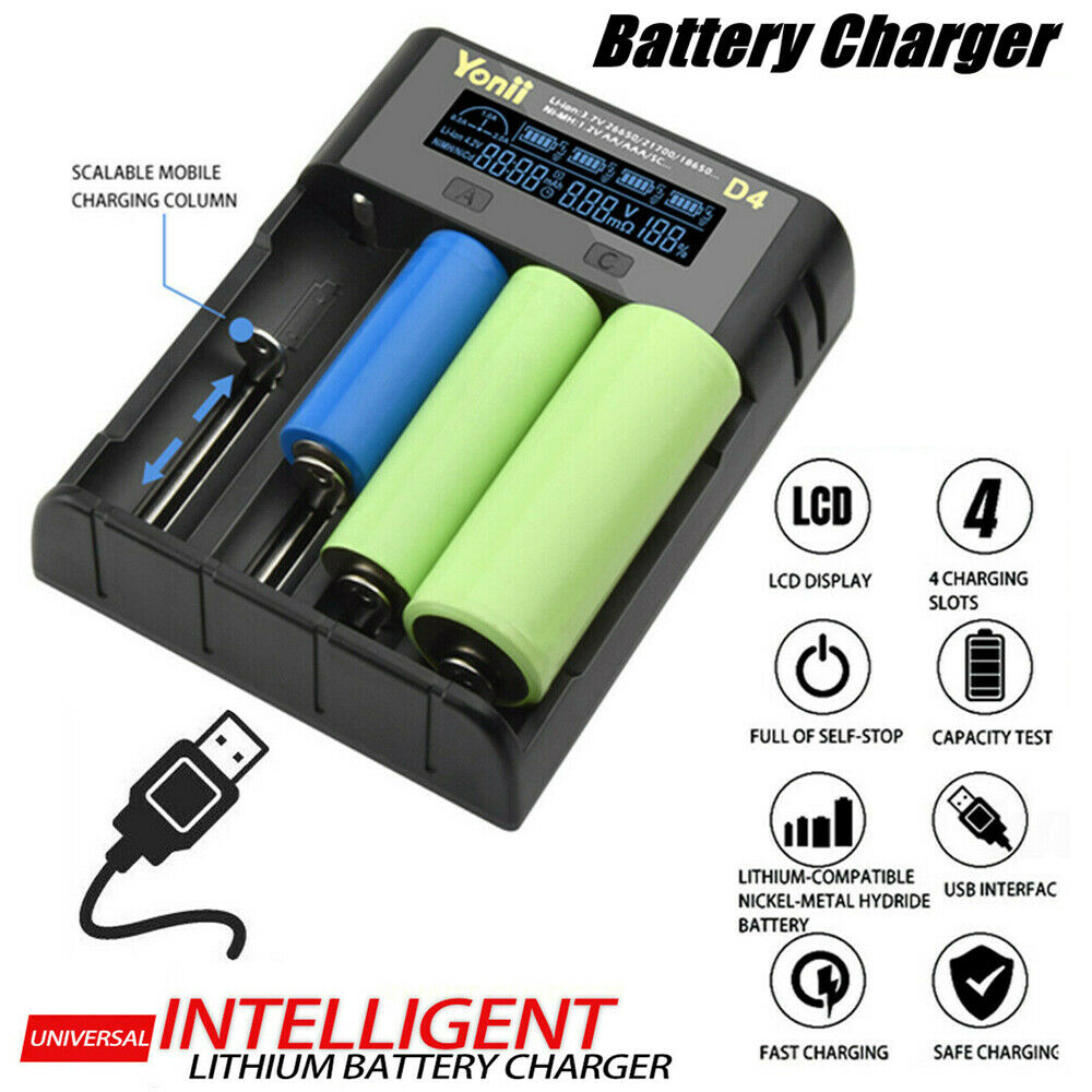 Intelligent LCD Charger 4 Slot For 18650 21700 26650 Lithium AA AAA Nimh Battery