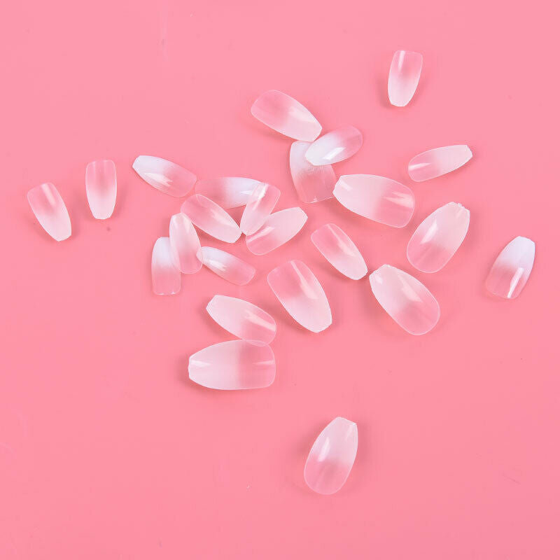 White Gradient French False Glue Nails Art Acrylic Full Cover Tips Manicure Kt
