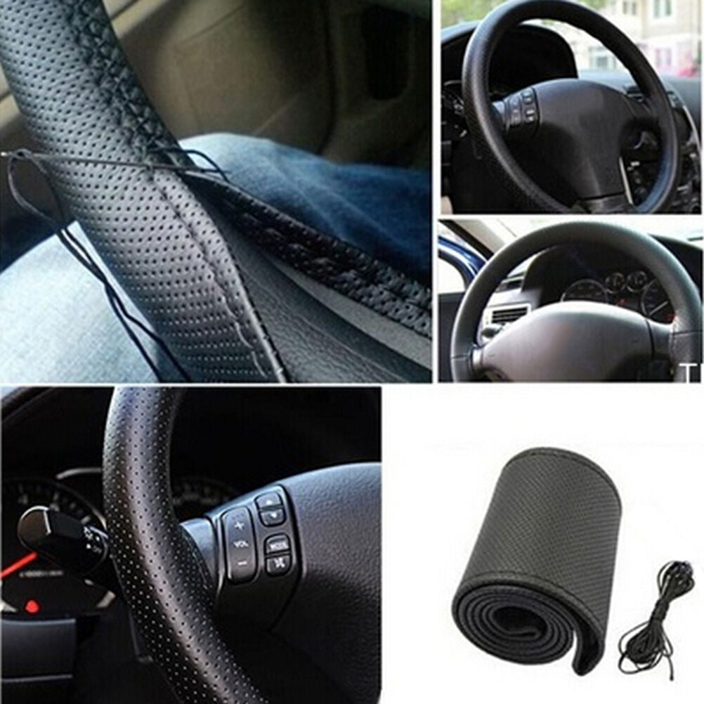 Car Truck Leather Steering Wheel Cover With Needles and Thread Black DI.l8