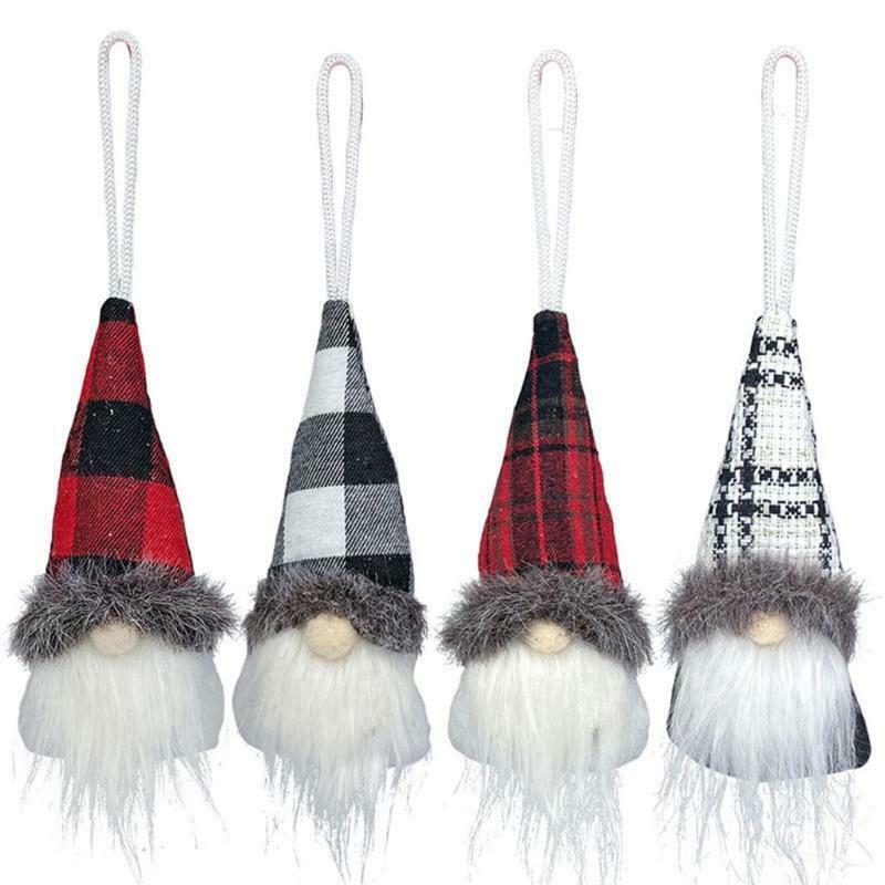 Set of 4 Christmas Tree Hanging Gnomes Ornament Swedish Handmade Plush Plaid Elf