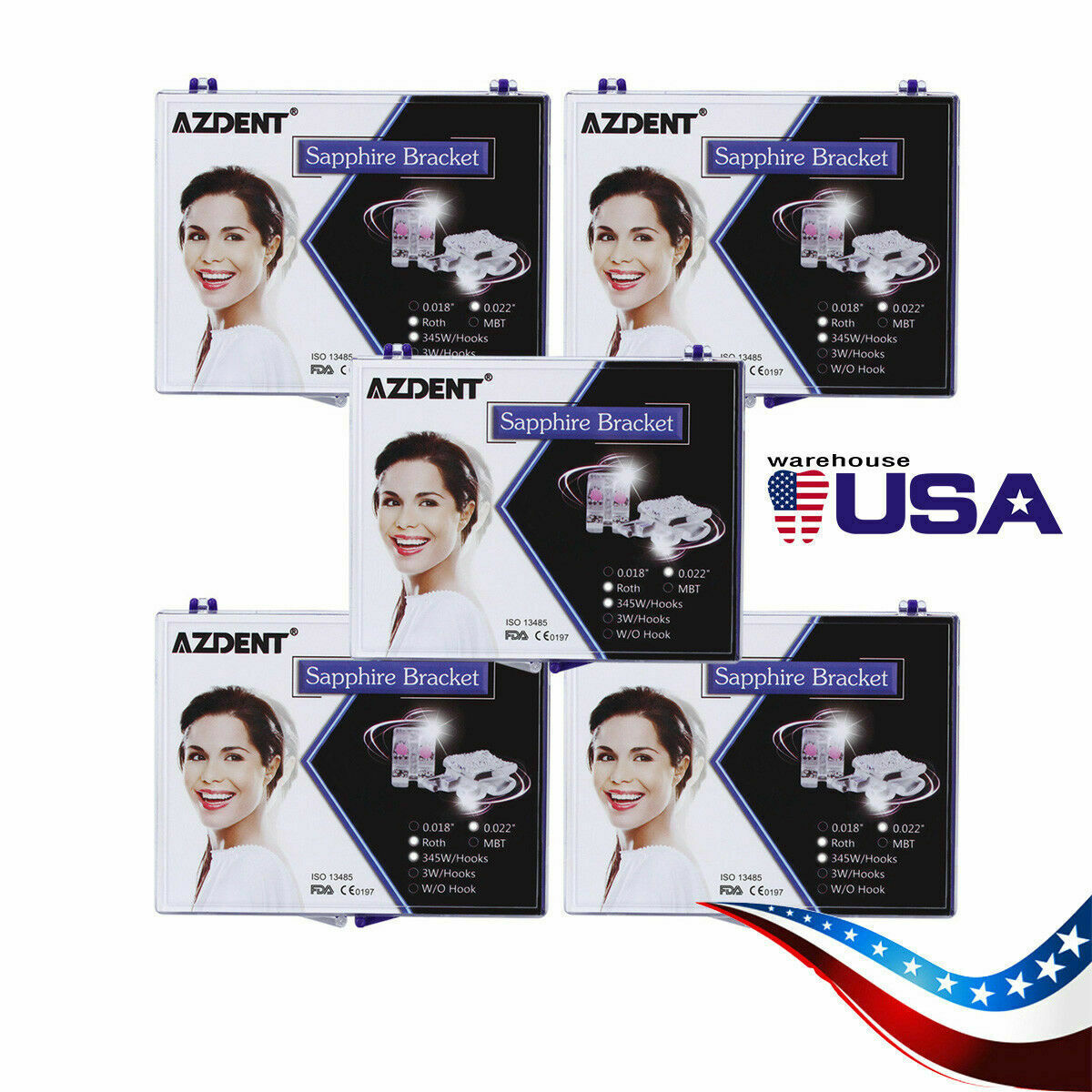 5Box Dental Ceramic Bracket+Buccal Tube Orthodontic Roth.022 3.4.5 Hooks AZDENT
