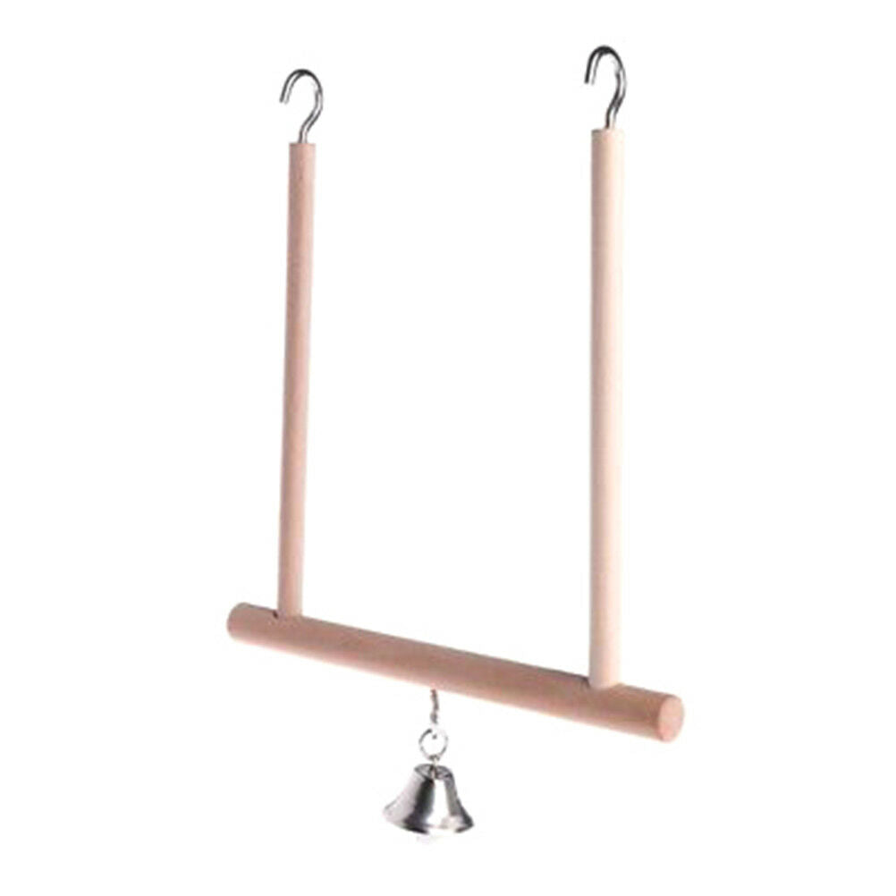 Birds Perch Parrot Play Toys Stand Holder natural Wooden Swing Bell Cage H.l8