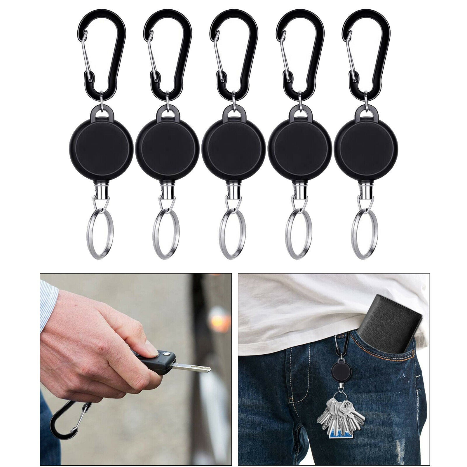 5Pcs Retractable Key Chain Reel 68cm Steel Wire Keychain ID Card Retracting