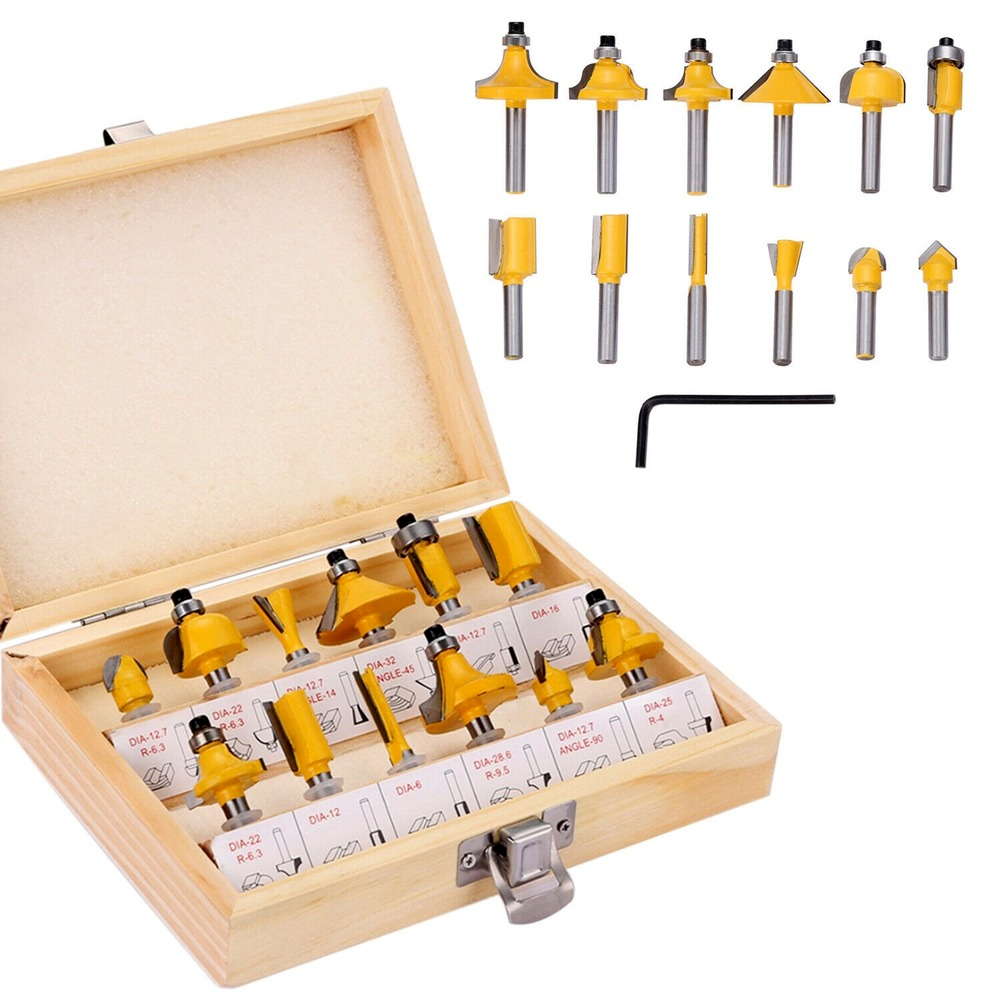 12 PCS Tungsten Carbide Tipped TCT Router Bits 1/4" Shank Sealed Bearing Bit Set