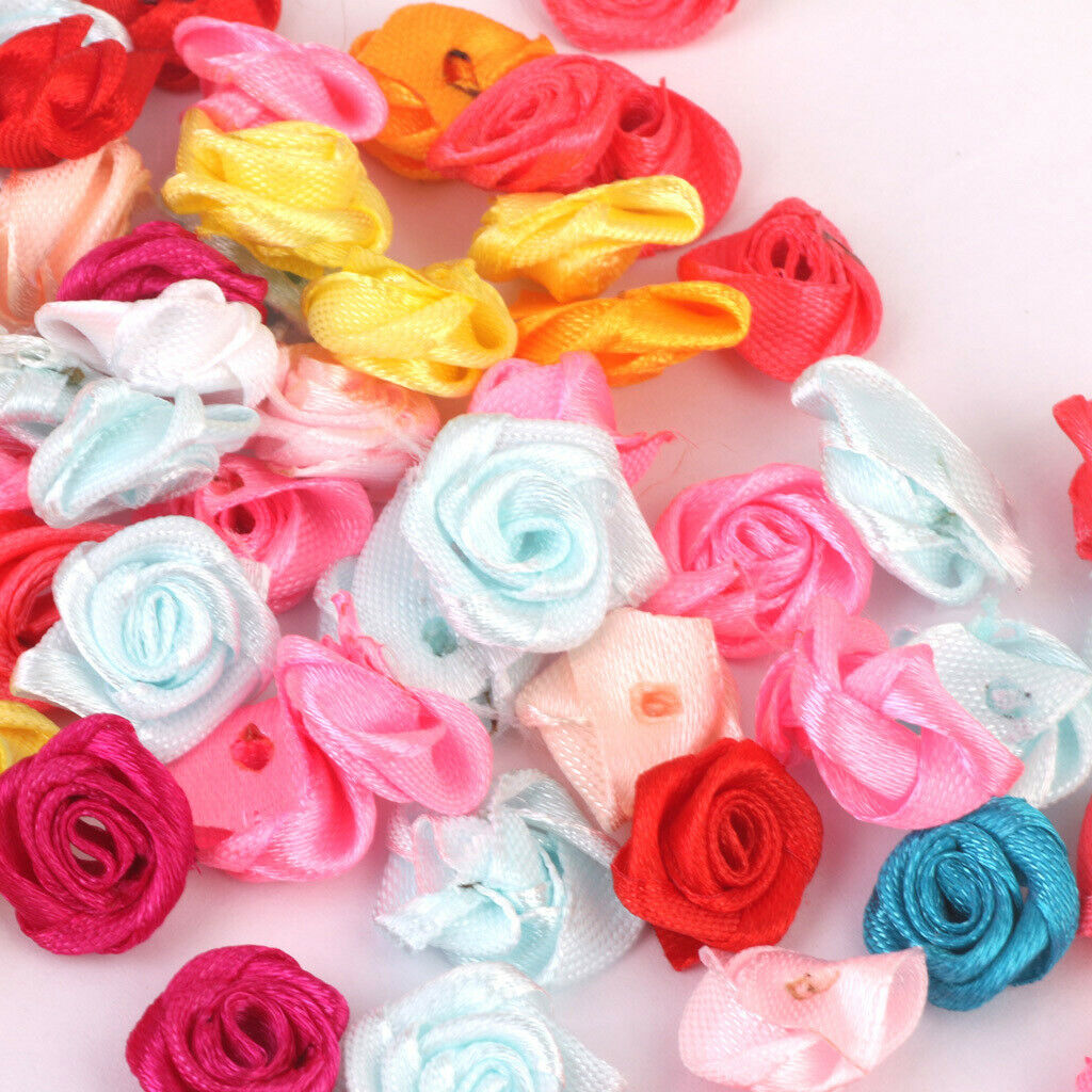 480pcs Mixed Colour Satin Ribbon Rose Flower Wedding Appliques Sewing Decor