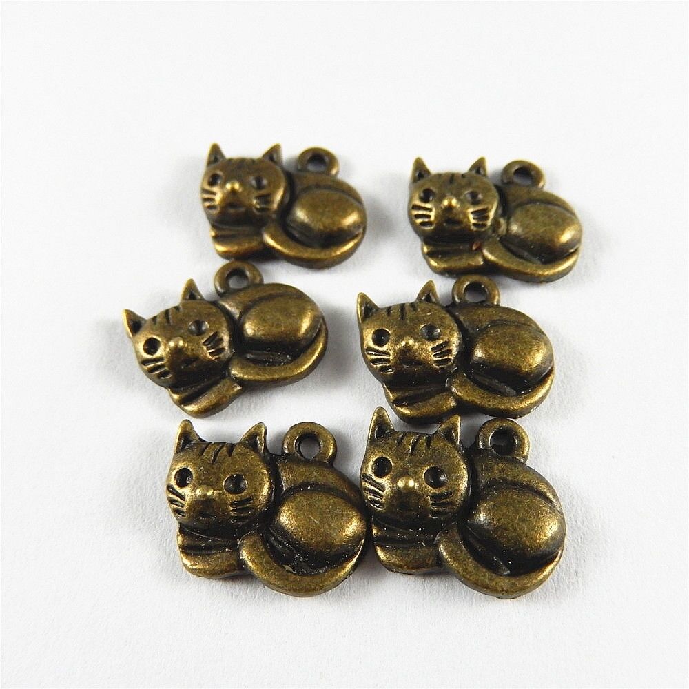 60 pcs Antiqued Bronze Little Cat Charm Alloy Pendant Dangle DIY Craft 14x13x2mm