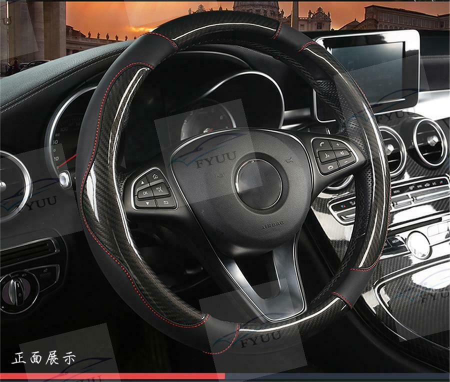 15inch/38cm Carbon Fiber Leather Stitching Steering Wheel Cover Black Non-slip
