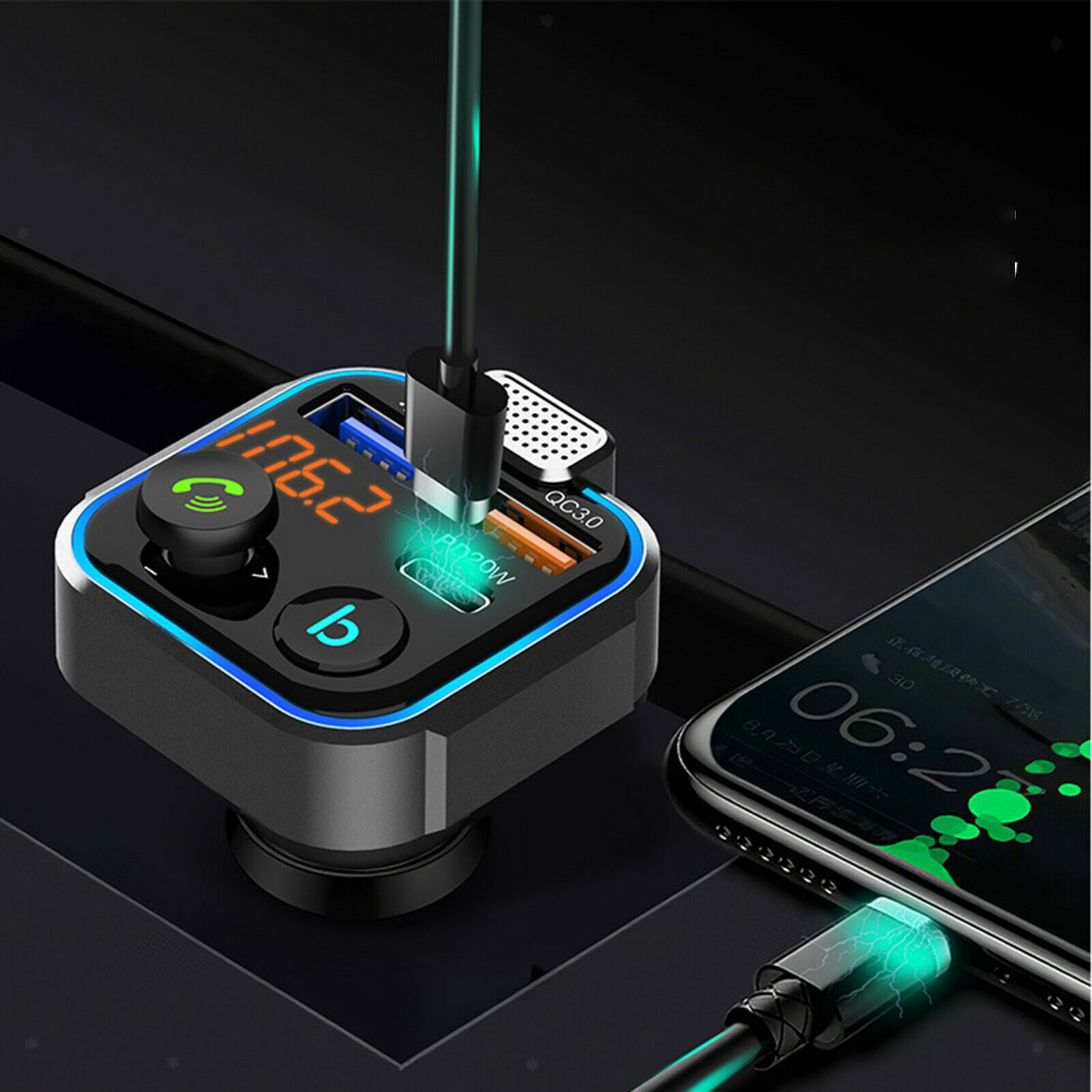 Bluetooth FM Transmitter Car Adapter Support 42W PD+QC3.0 Wireless Call