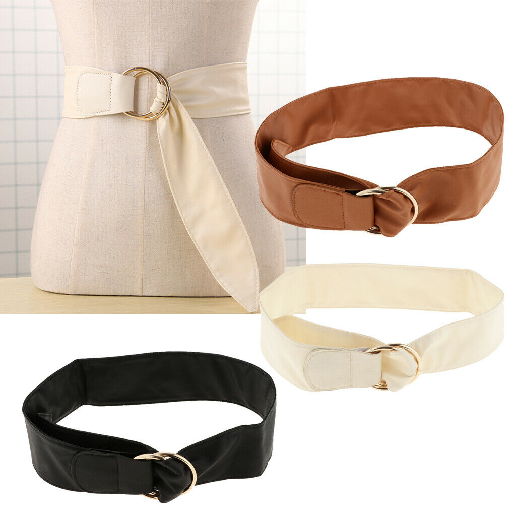 Women Girdle Double Round Buckle Waistband Retro PU Leather Belly Belt Black