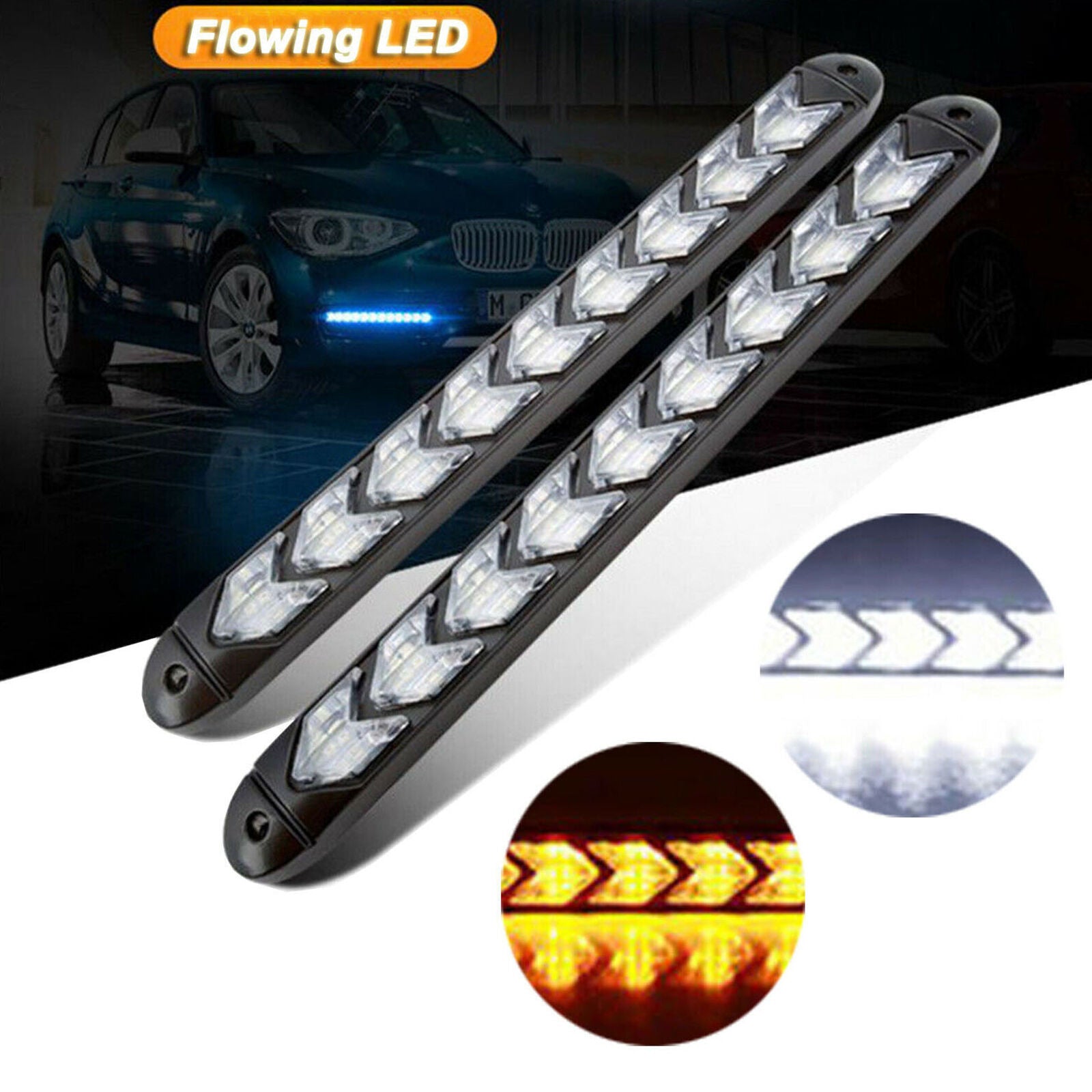 2x Car LED Amber/White Switchback Flowing Strip Arrow Flasher Turn Signal Light