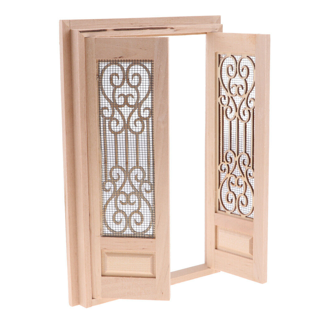 12th Mini Exquisite DIY Unpainted External Wooden Double Door Furniture Accs