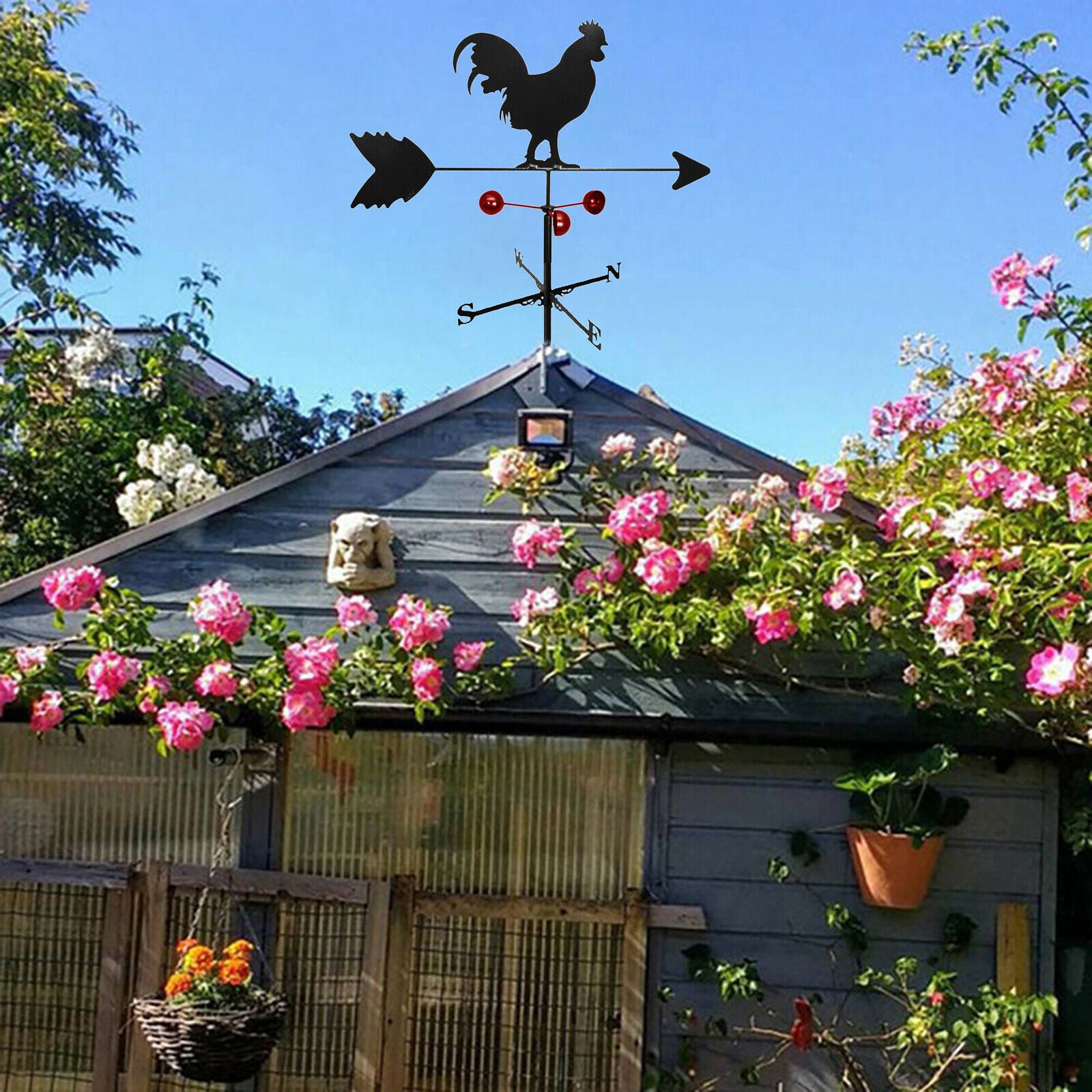 Retro Stainless Steel Cock Weathervane Wind Direction Indicator Stake Decor