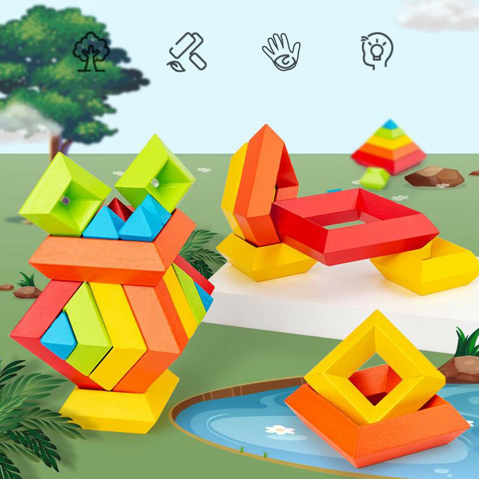 Creative Wooden Wisdom Rainbow Block Construction Toys for Kids Build Owl
