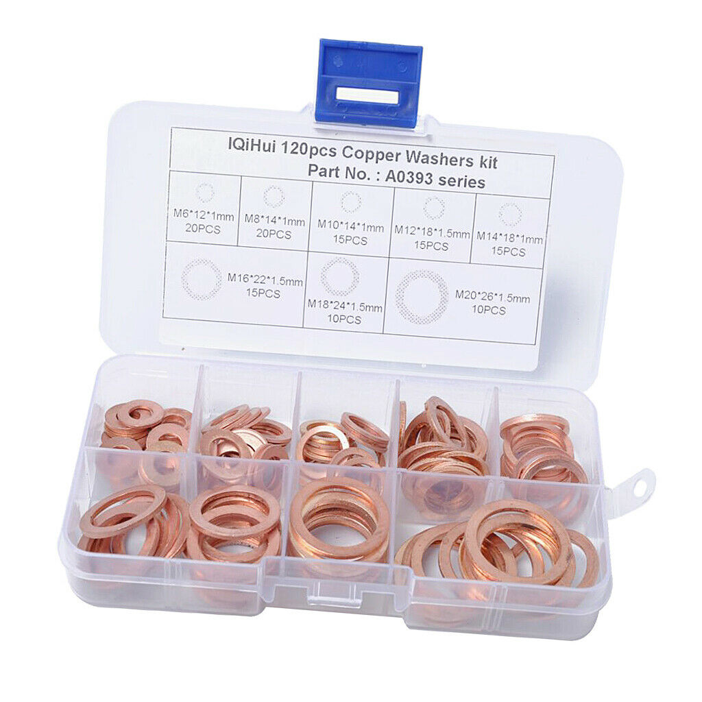 120Pcs 8 Sizes Assorted Solid Copper Crush Washers Seal Flat Ring with Case