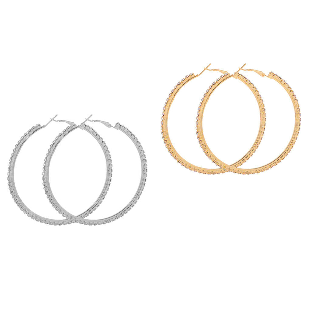 Women Girls Crystal Alloy Smooth Big Large Round Hoop Earrings 80mm 2Pairs