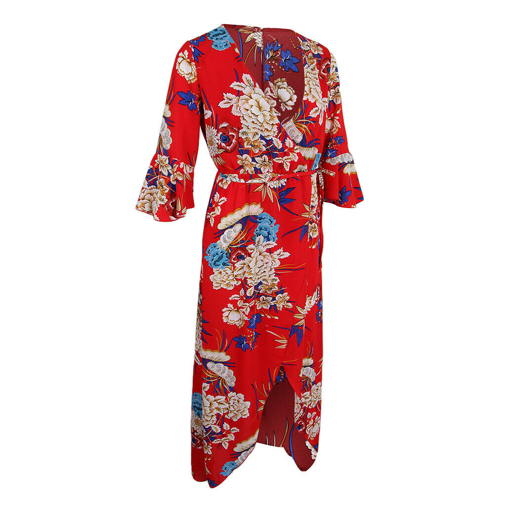 Women's Summer Beach Floral V Neck High Split Wrap Long Maxi Dress Red XL