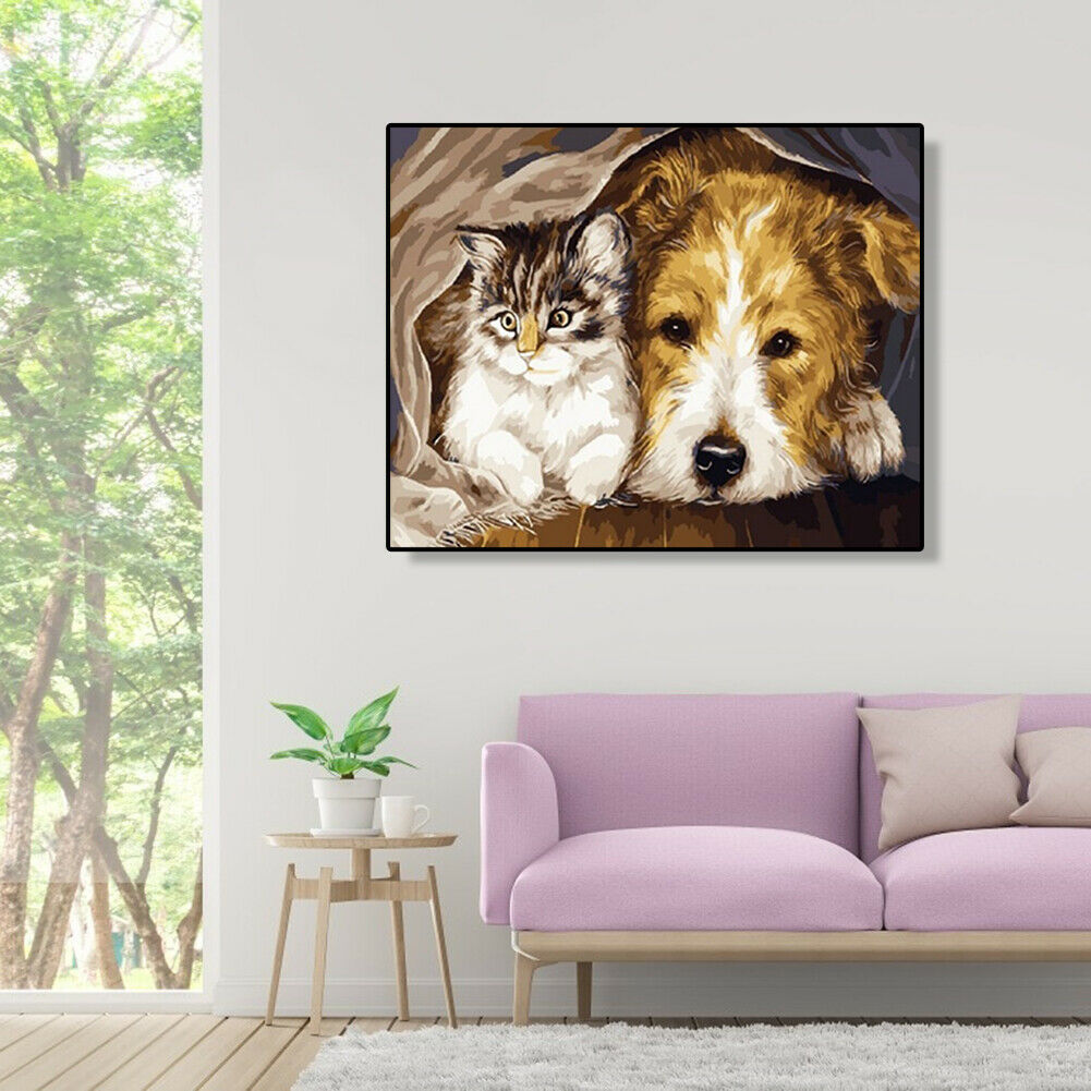 DIY Digital Oil Painting By Numbers Staying Dog Cat Acrylic Animal Picture @