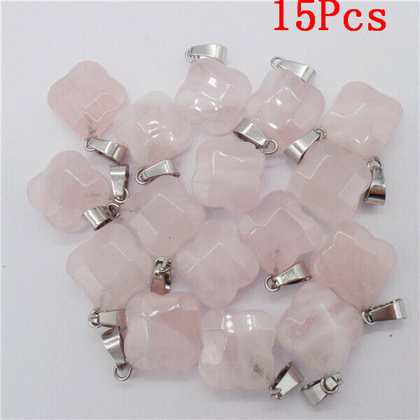 15Pcs 18x7mm Natural Rose Quartz Facet Clovers Pendant Bead DIY Necklace HH9528
