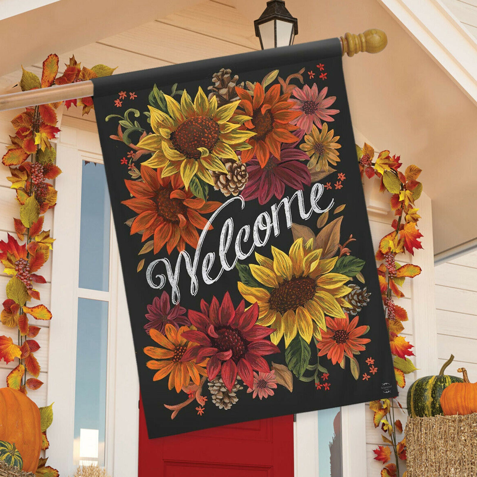 Fall Flowers Welcome Primitive House Flag Sunflowers Pinecones 28" x 40"