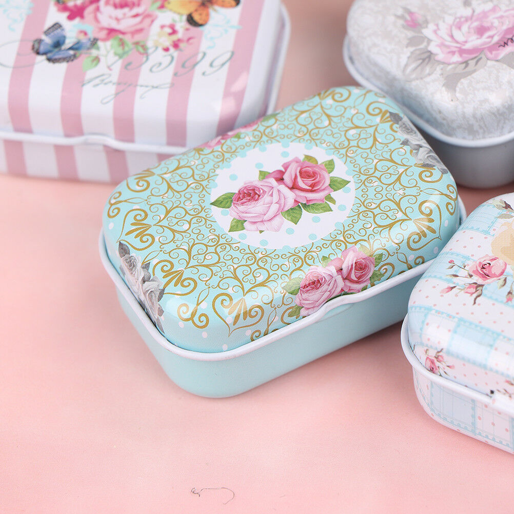Mini flower tin trinket jewelry coin box tinplate storage case small recta.l8