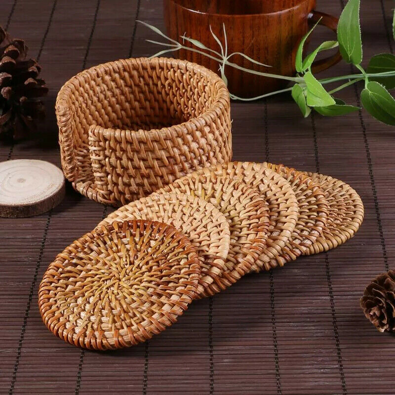 6Pcs Drink Coasters Kungfu Tea Accessories Placemat Dish Mat Rattan Cup Dia BDA