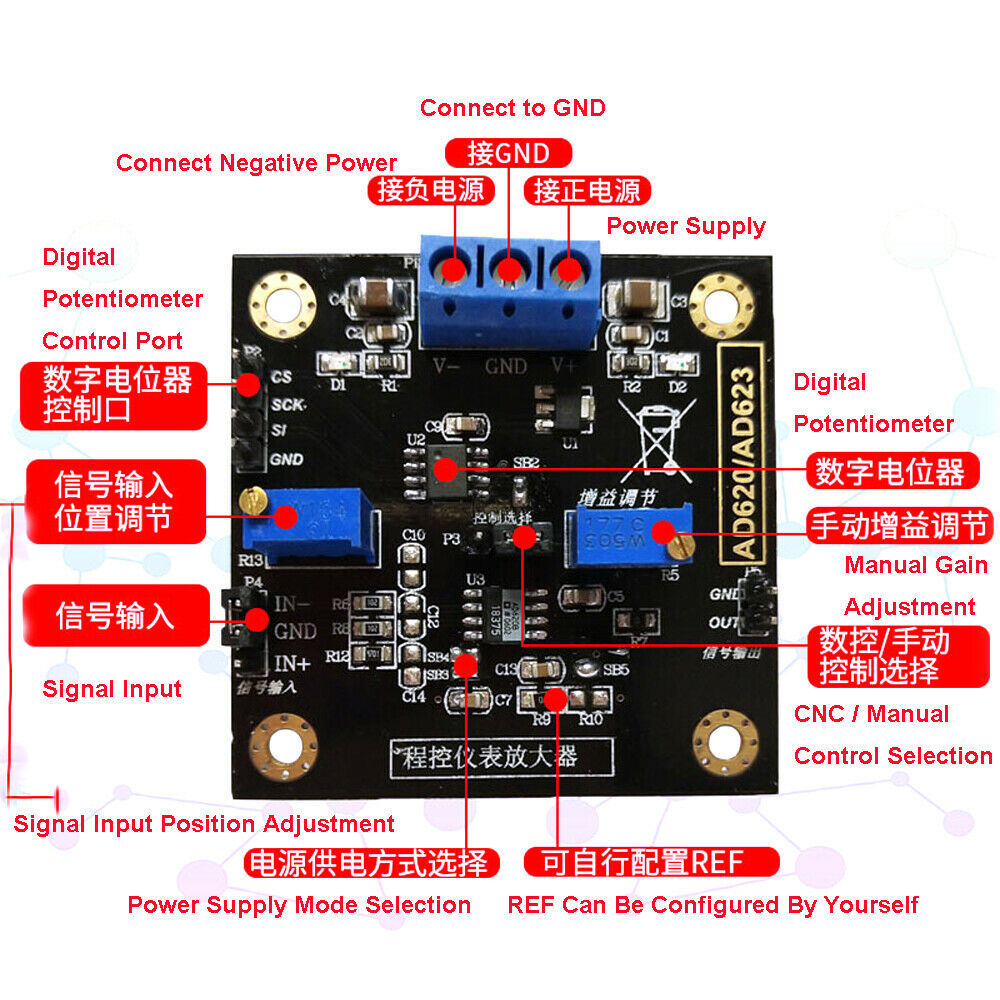 AD620 Voltage Amplifier CNC MCP41010 Gain Adjustment Differential Signal Module