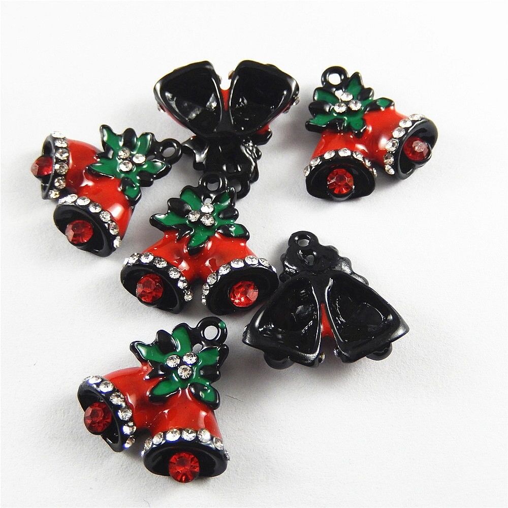 10 pcs Christmas Crystal Enamel Zinc Alloy Jingle Bell Charms Pendant Findings
