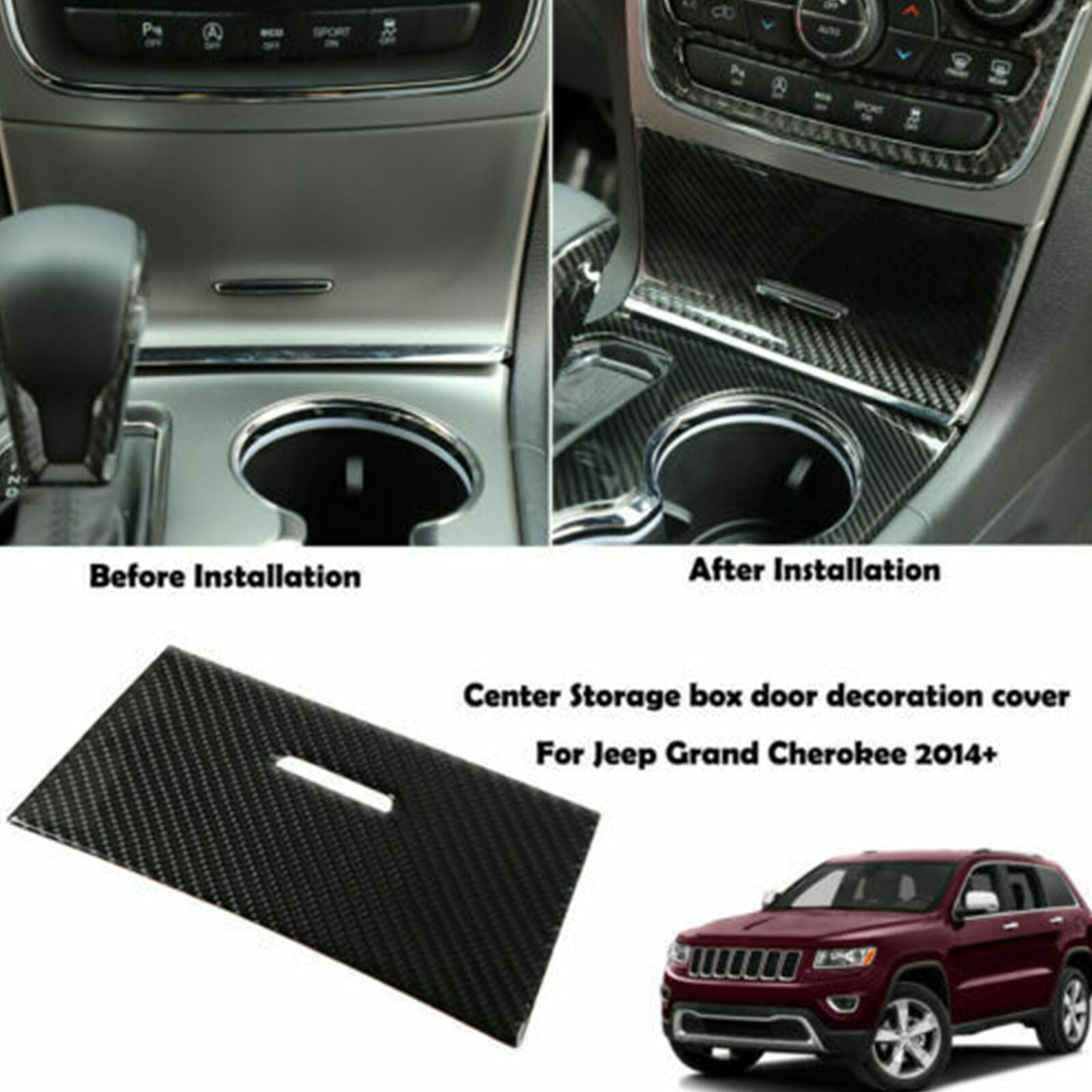 Carbon Fiber Console Center Storage Box Cover Trim For Jeep Grand Cherokee 2014+