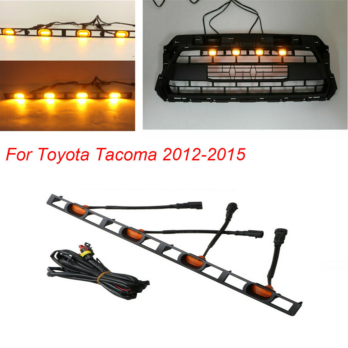 4PC For Tacoma 2012-2015 Amber Front Bumper Grille LED Lights W/ Wiring Harness