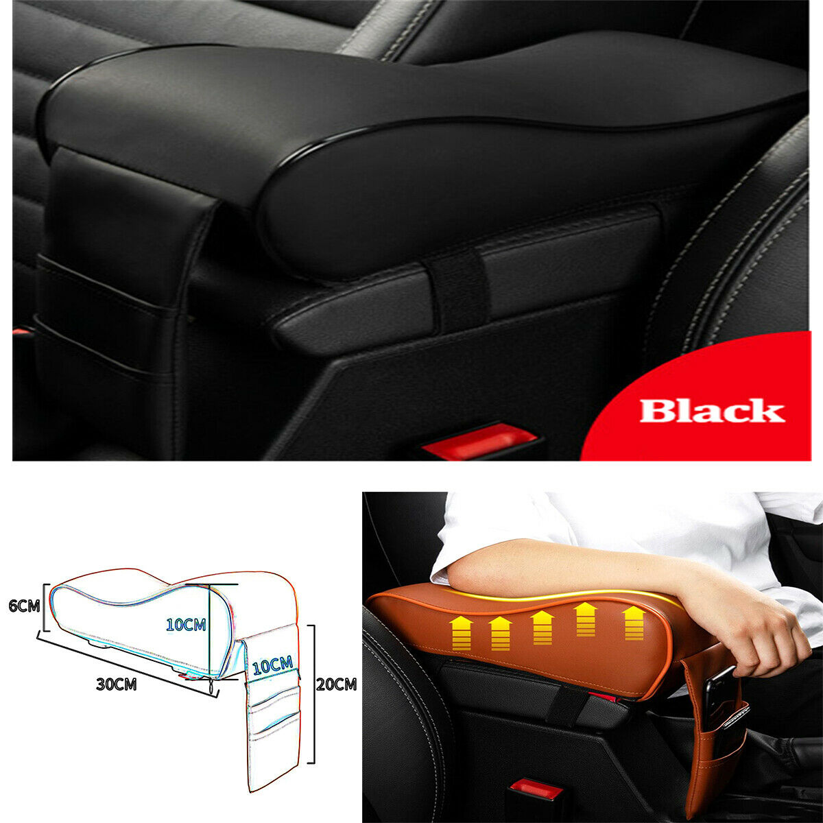 1PC Car Central Armrest Box Cushion Double Bag Storage Bag Pure Black Universal