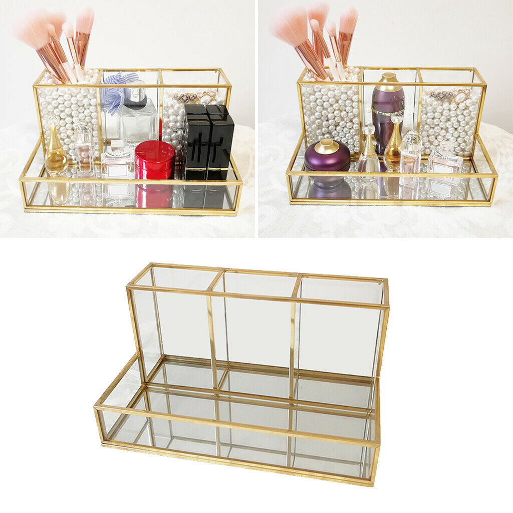 Clear Glass Make Up Brush Storage Organiser Case Display Lipstick Holder Tray