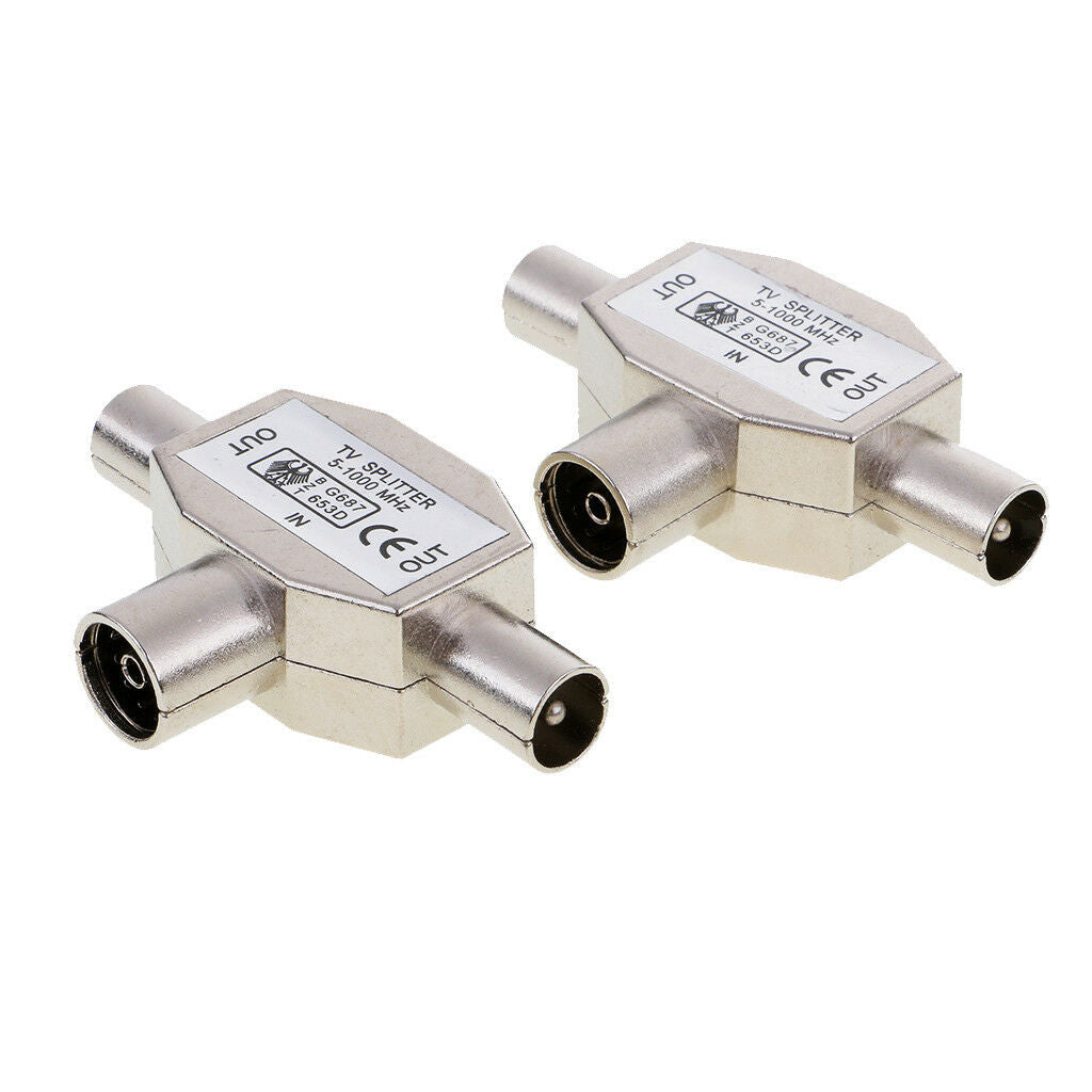 2pcs TV Aerial Coaxial Signal Splitter 2-Way 1 Female to 2 Male Connector