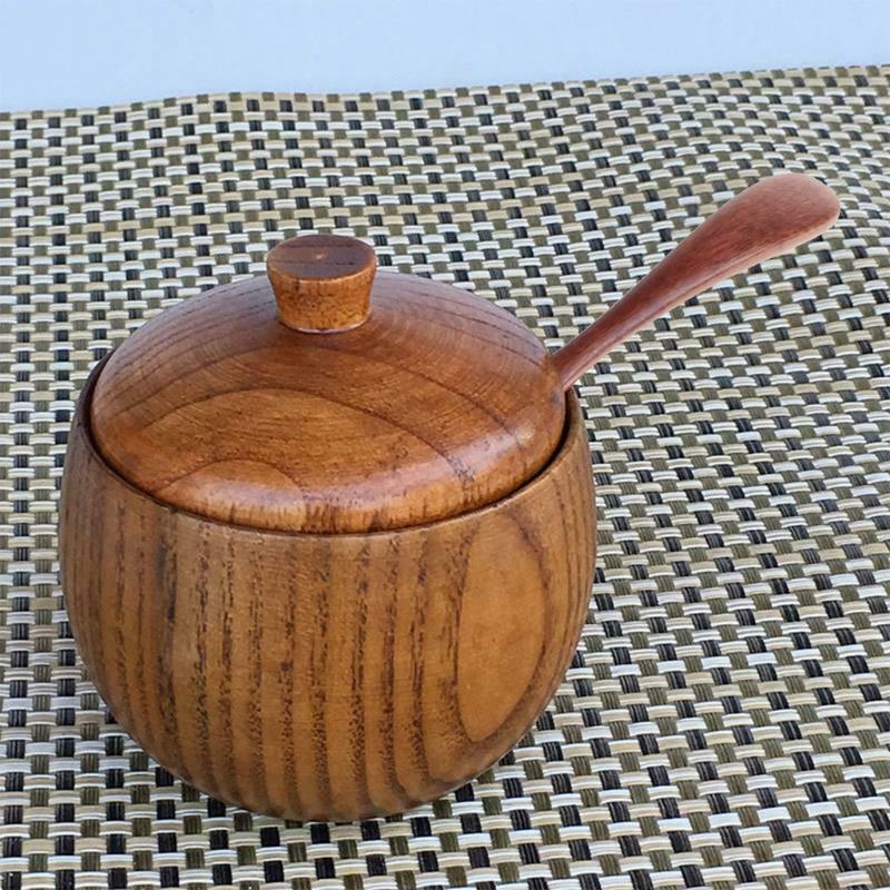 Wooden Salt Box Condiment Seasoning Storage Container Spice Box With Spoon