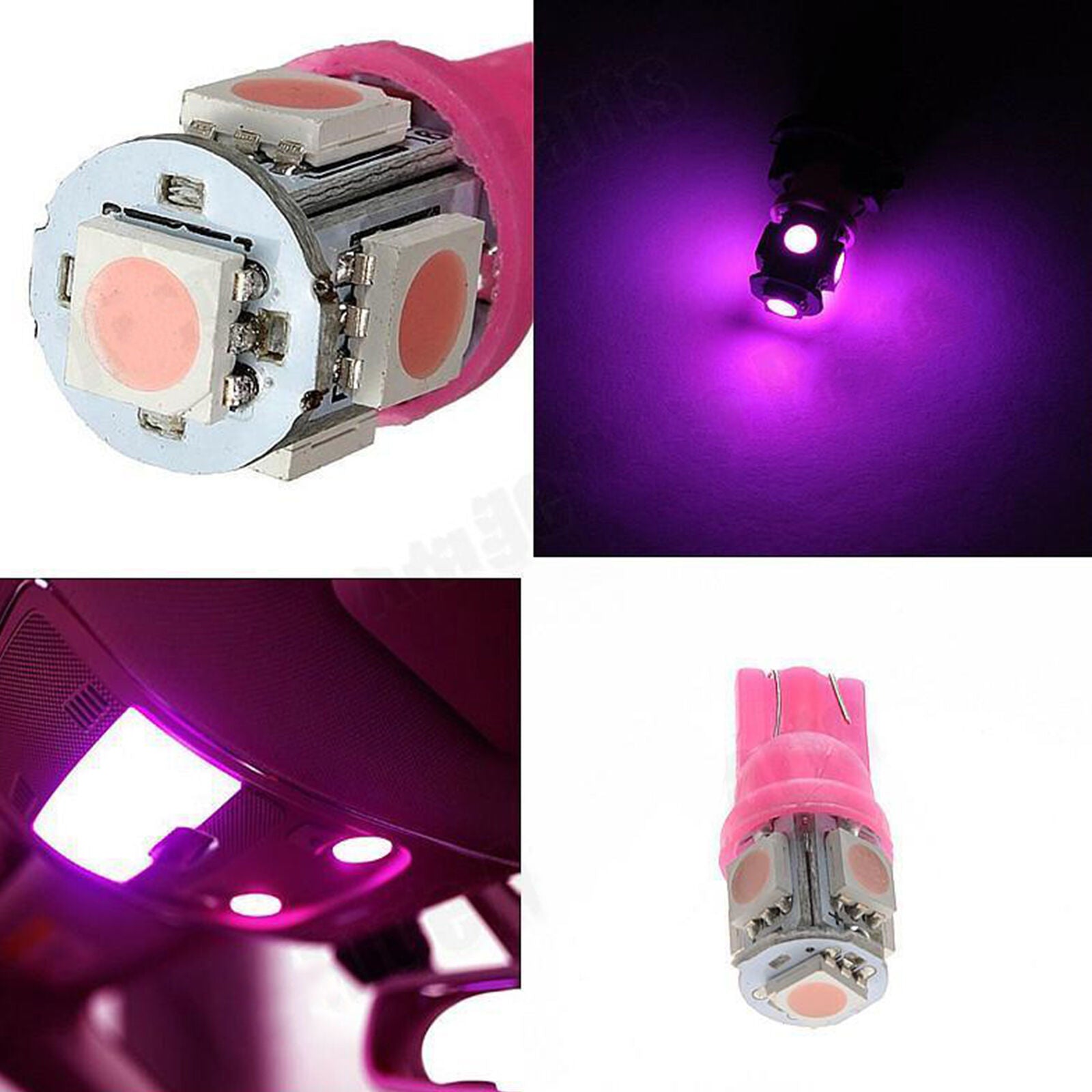 2pcs Bright Pink T10 Wedge 5-SMD 5050 LED Light bulb W5W 2825 158 192 168 194 QY