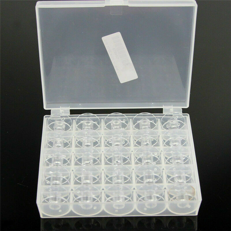 25 PLASTIC BOBBINS SPOOLS FOR SEWING MACHINE ACCESSORY WITH BOBBIN CASE BOX