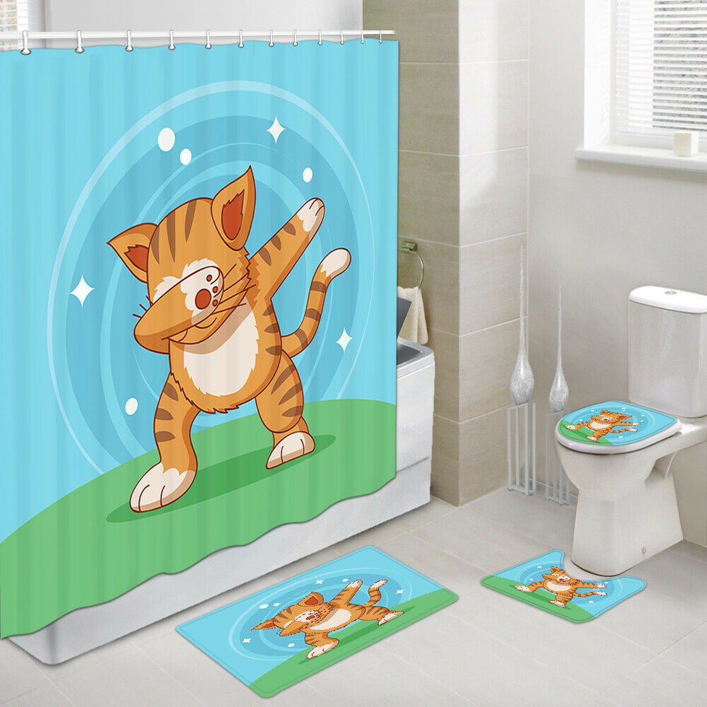 Dancing Cartoon Cat Shower Curtain Set Bath Rug Toilet Lid Seat Cover 4PCS-Set