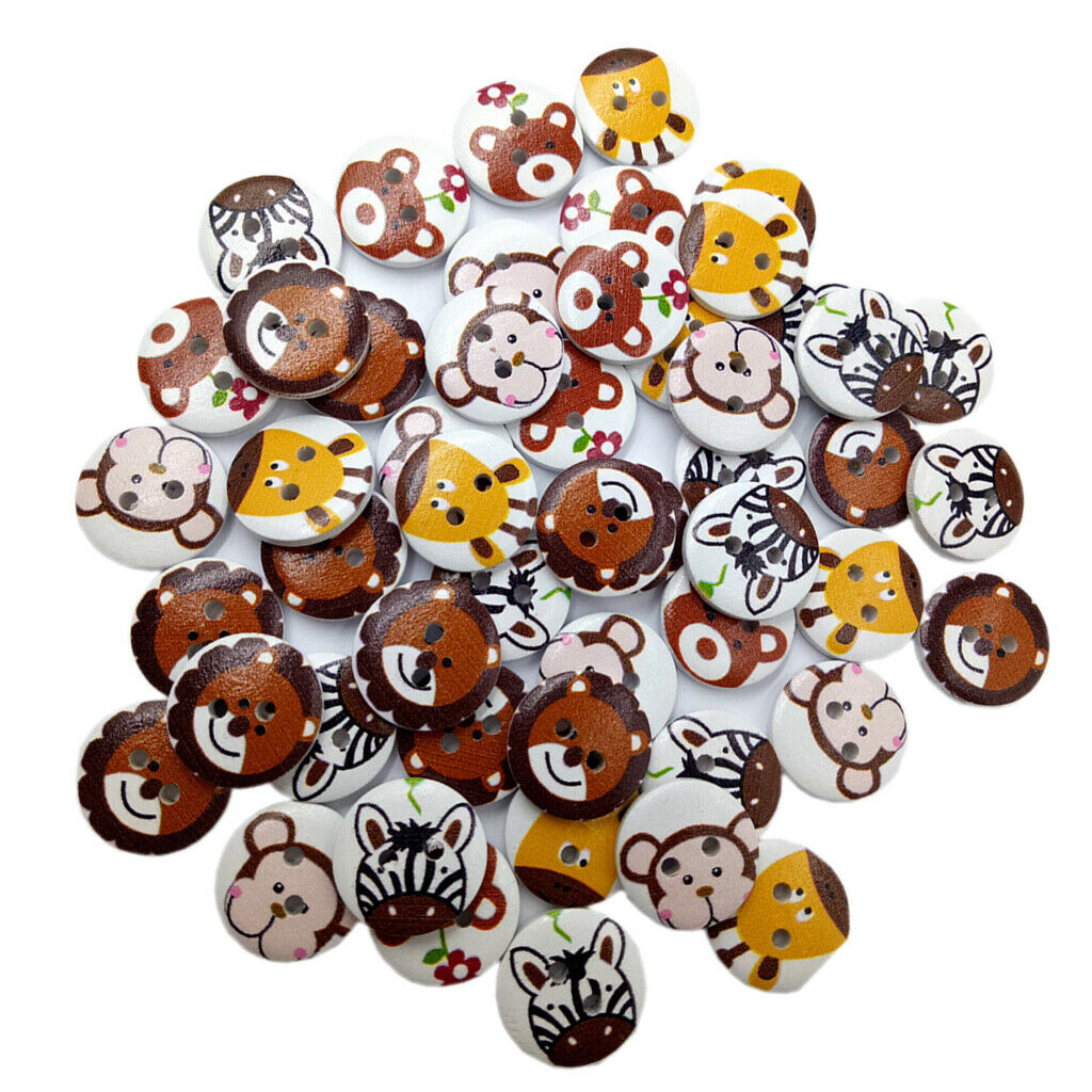 50pcs Painted Wooden Cartoon Animals Buttons Sewing Crafts