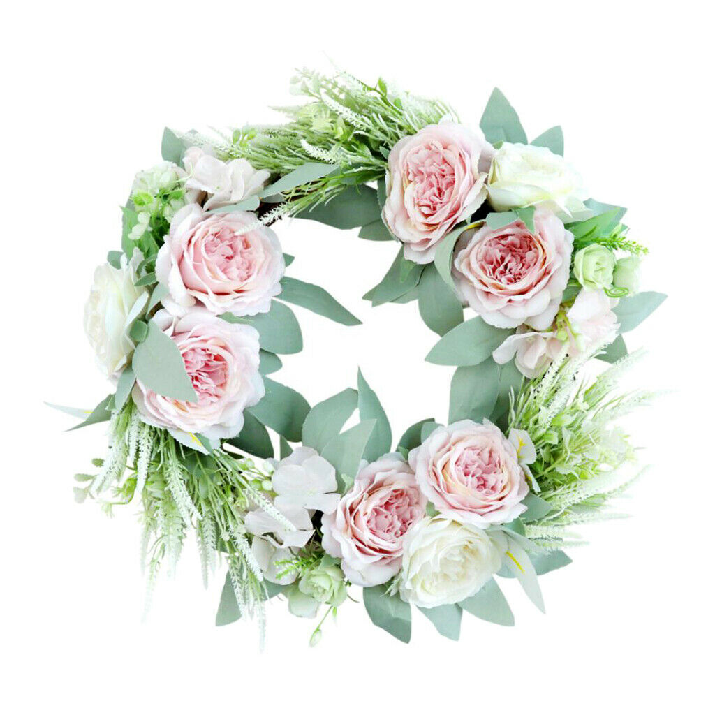 Artificial Flower Front Door Wall Wreath Garland Rose Wreath 45cm Pink