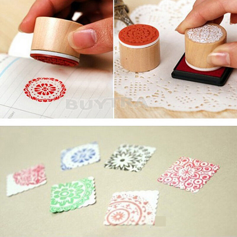 6X Assorted Wooden Rubber Stamp Round Shape Handwriting Floral Flower Cra C SJ