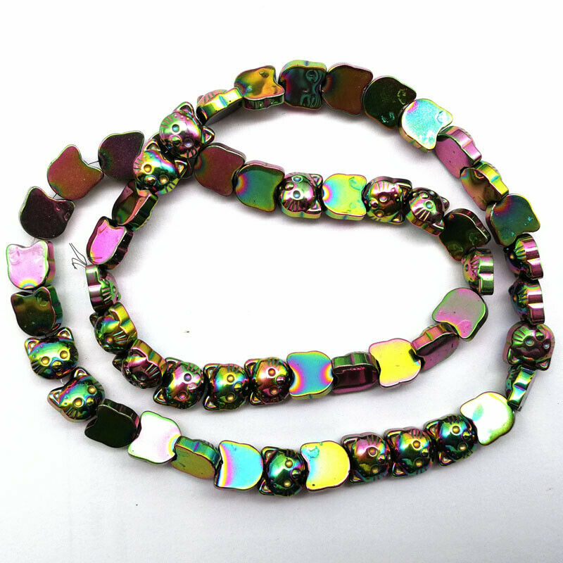 1Strand 8x8x4mm Carved Rainbow Hematite Gem Cat Head Loose Bead 15.5 inch A-54TS