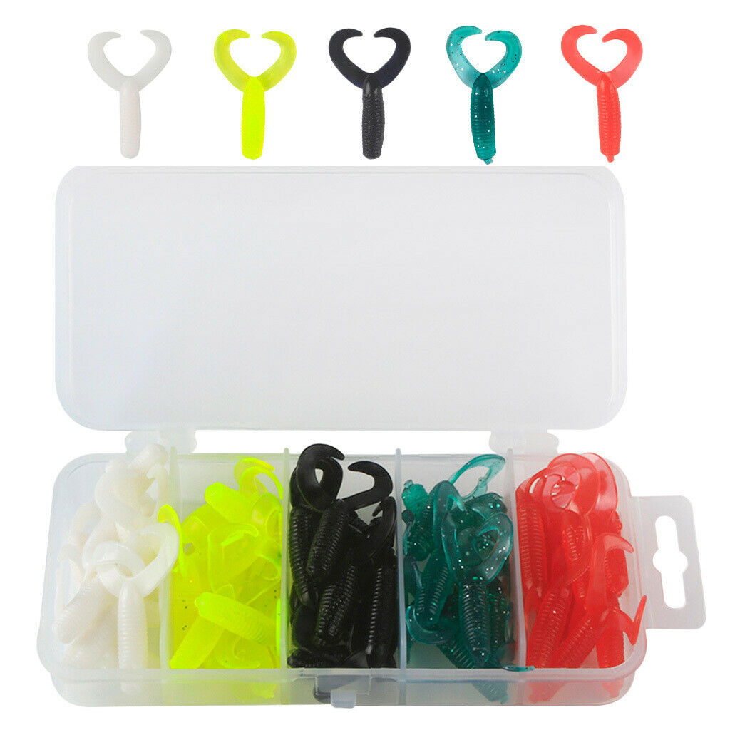 50pcs / set Portable Twin Tail Soft Fishing Lures Grub Maggot Worm
