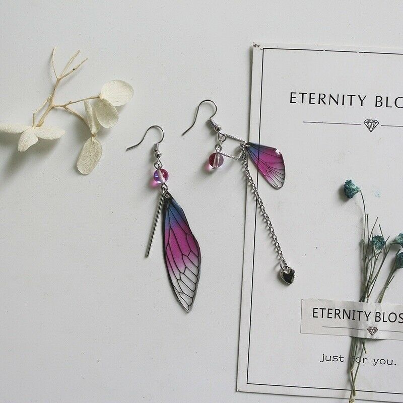 Butterfly Wings Drop Dreamy Blue Gradient Color Asymmetric Long Earrings Jewelry