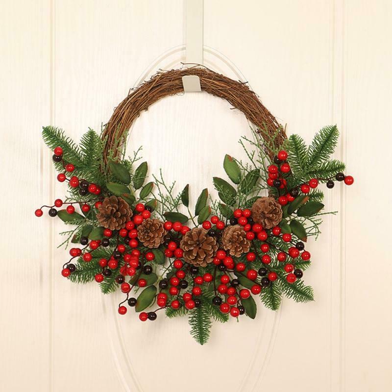 Artificial Red Berries Pine Cone Wreath Hanging Garland Christmas Ornament Decor