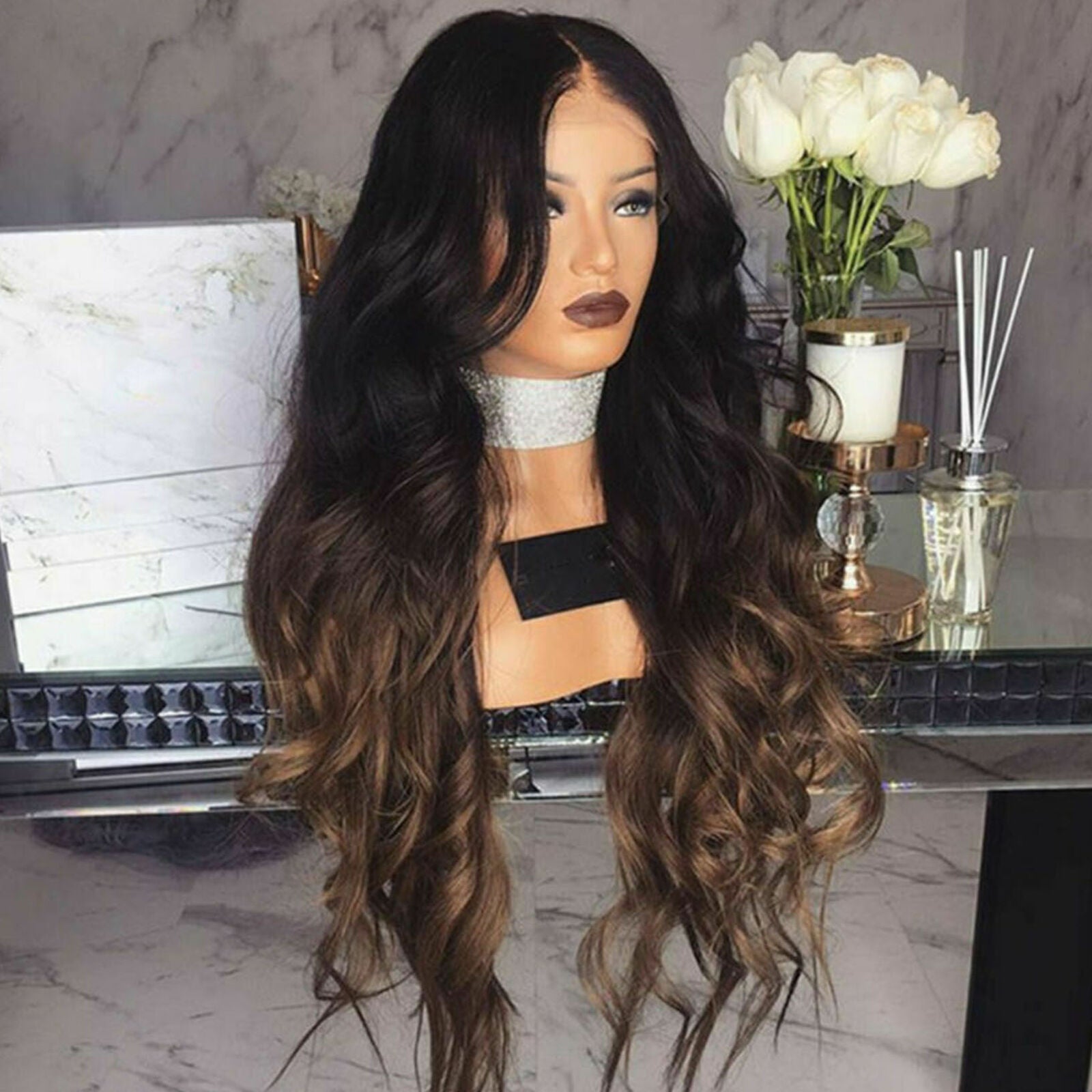 Stylish Long Wavy Wigs Black Brown Ombre Synthetic Full Curly Hair For Women