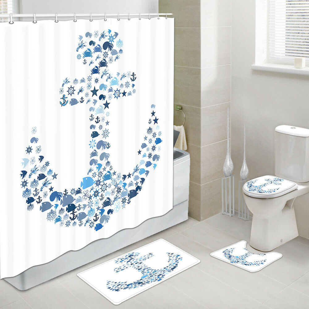 Ship Anchor Silhouette Shower Curtain Bath Rug Toilet Lid Seat Cover 4PCS-Set