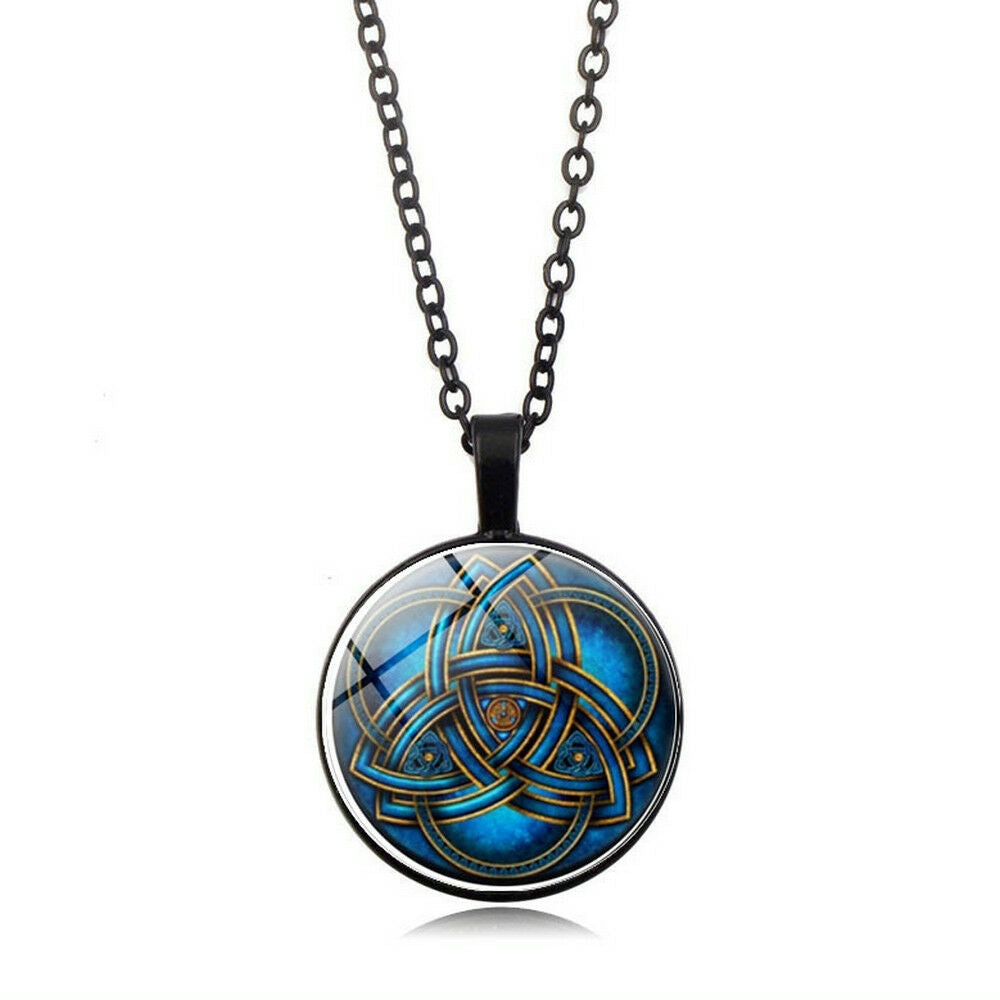 Fashion Blue Celtic Triquetra Glass Black Pendant Necklace Men Woman Jewelry JT