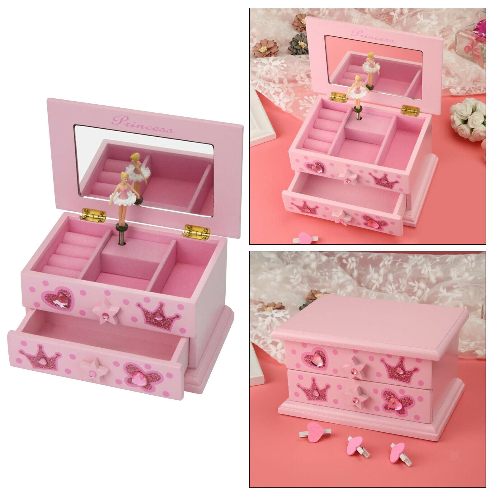 Princess Music Jewelry Box Ring Storage Compartment Organizer Decorative