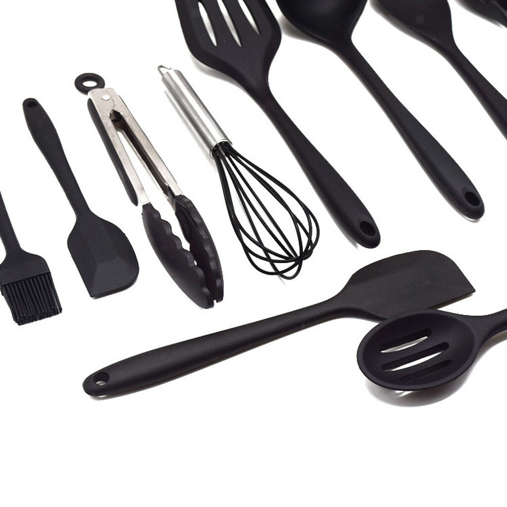 Household Silicone Cooking Kitchen Utensil Tools Spoon Spatula Black 10pcs