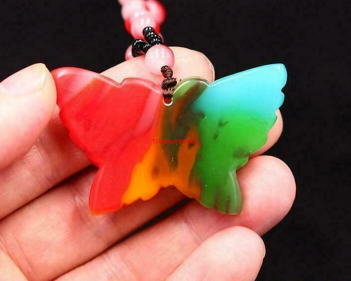 Color Jade Butterfly Pendant Necklace Carved Jewelry Jadeite Amulet Natural
